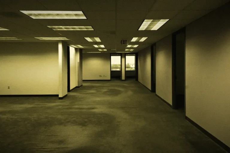 Backrooms oyununun sarı floresan aydınlatmalı boş koridoru - DarknesS Antalya